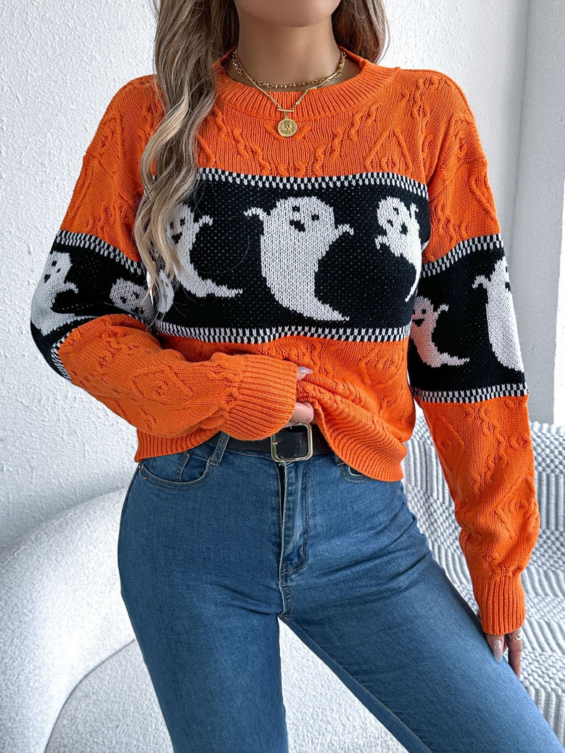 Ghost Round Neck Long Sleeve Sweater - Damned Threads