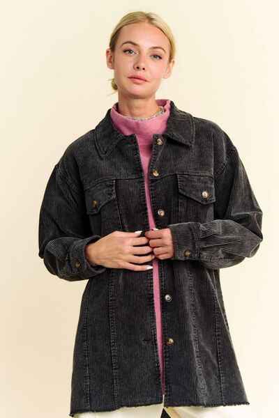 Davi & Dani Washed Corduroy Raw Hem Button Up Jacket - Damned Threads