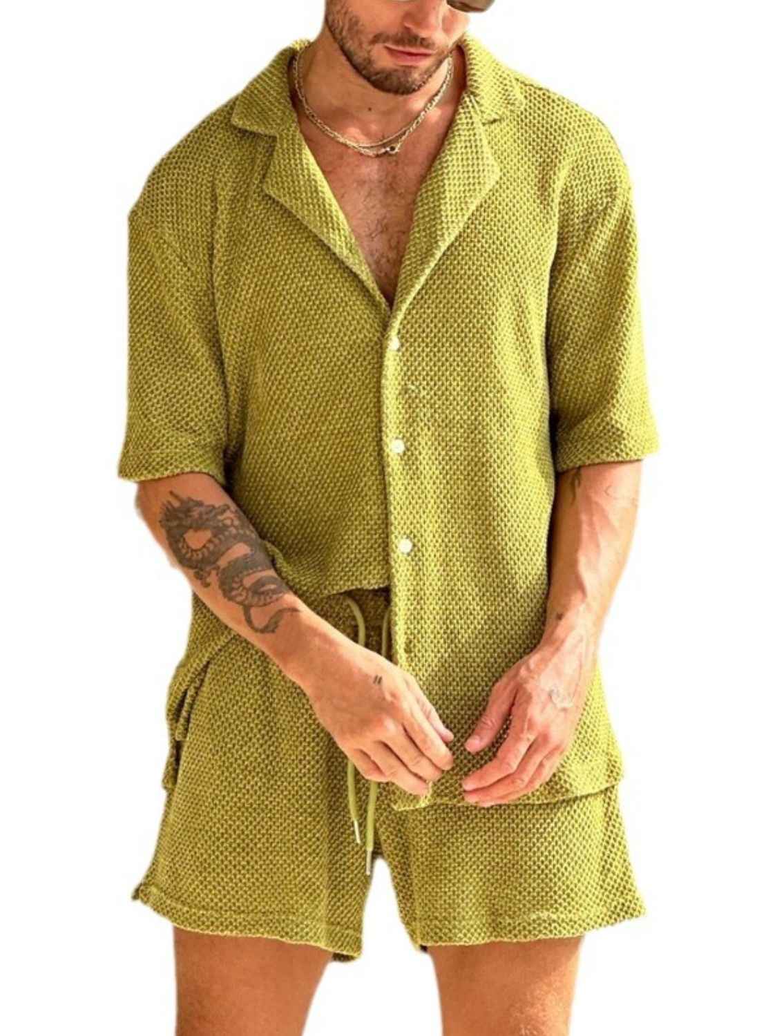 Men's Plus Size Button Down Half Sleeve Top and Shorts Set - Damned Threads