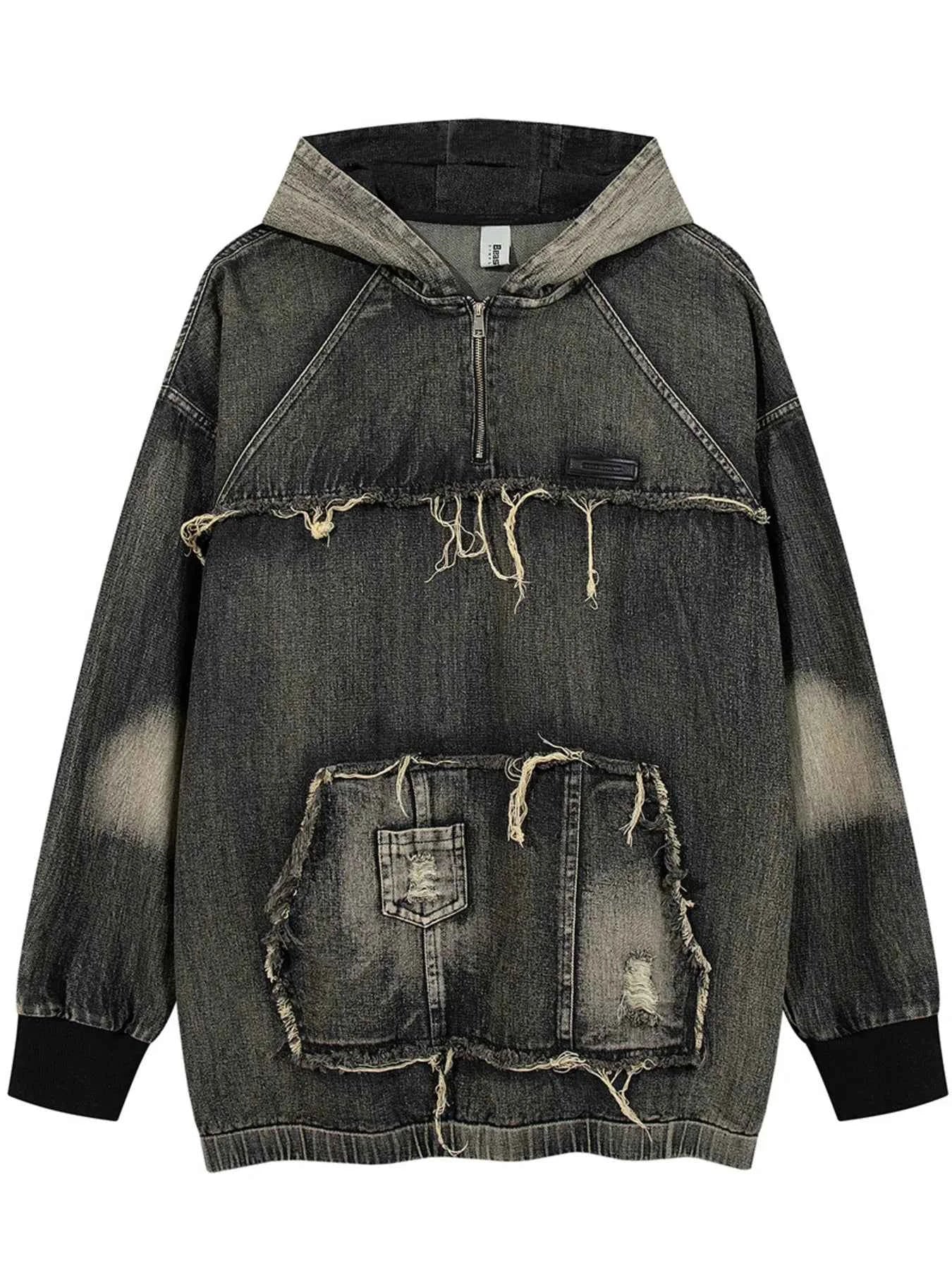 Men's Distressed Denim Patchwork Oversized Hoodie with Frayed Details
