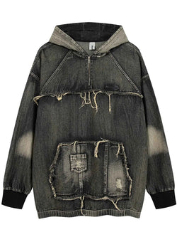 Men's Distressed Denim Patchwork Oversized Hoodie with Frayed Details