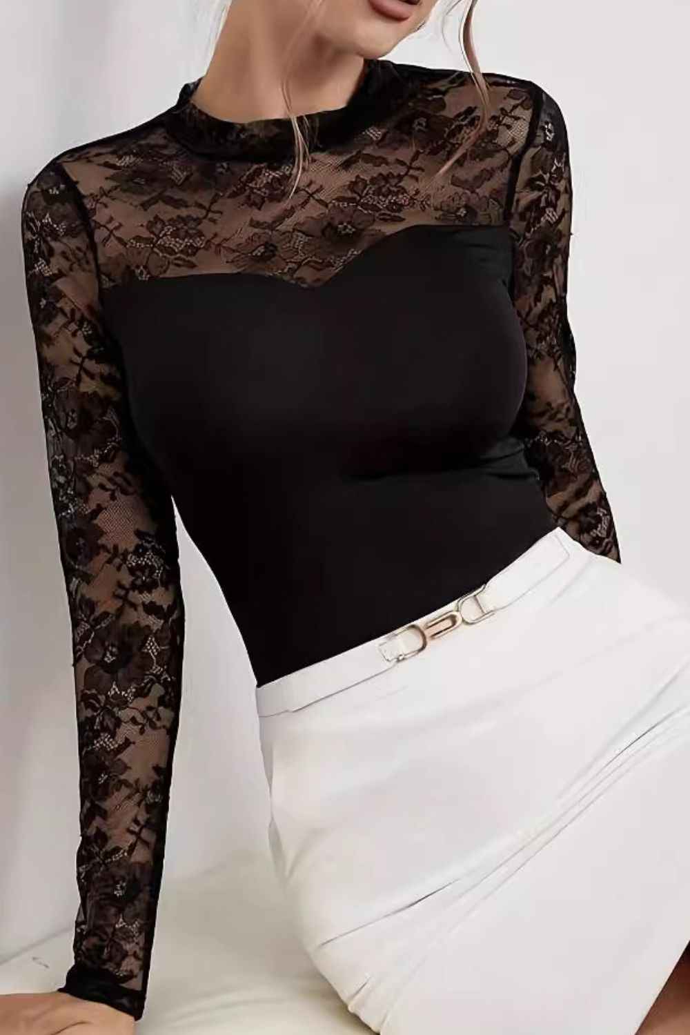 Lace Patchwork Mock Neck Long Sleeve Blouse - Damned Threads