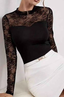 Lace Patchwork Mock Neck Long Sleeve Blouse - Damned Threads