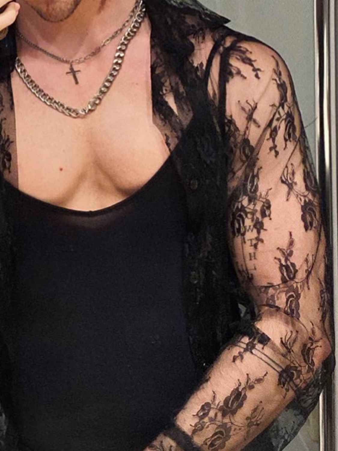 Men's Full Size Lace Long Sleeve Sheer Shirt Plus Size - Damned Threads