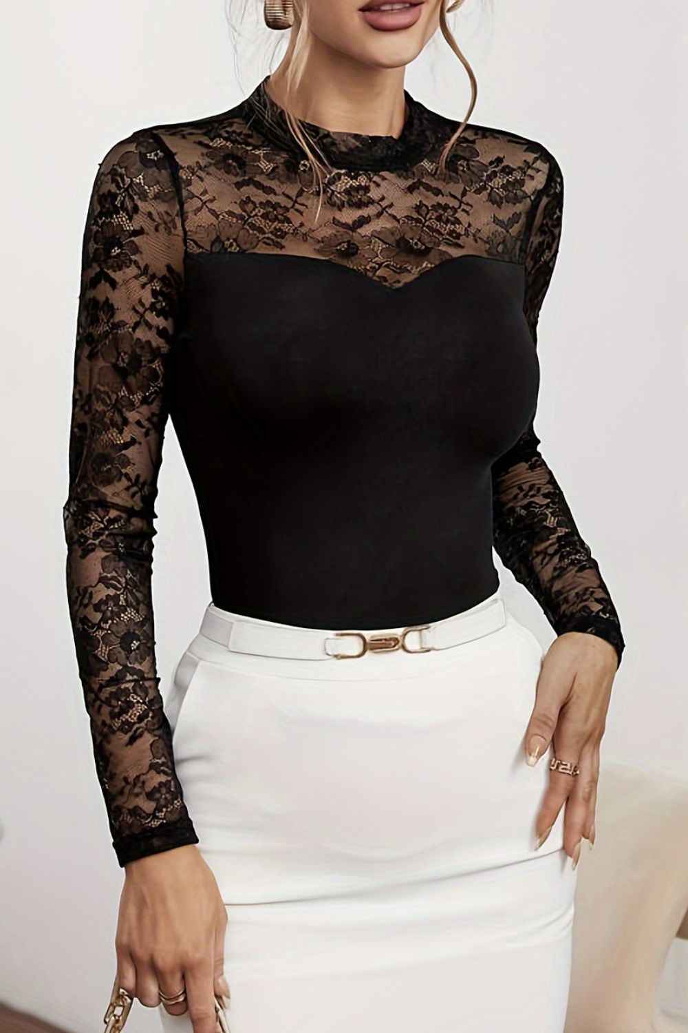 Lace Patchwork Mock Neck Long Sleeve Blouse - Damned Threads