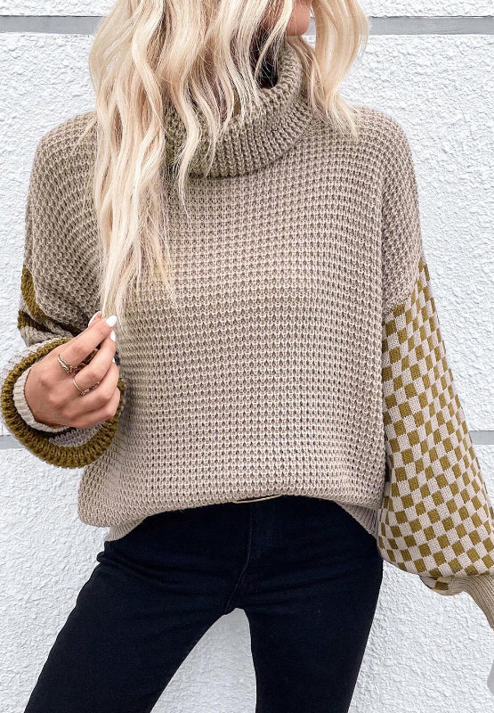 Striped & Checkered Turtleneck Dropped Shoulder Sweater - Damned Threads