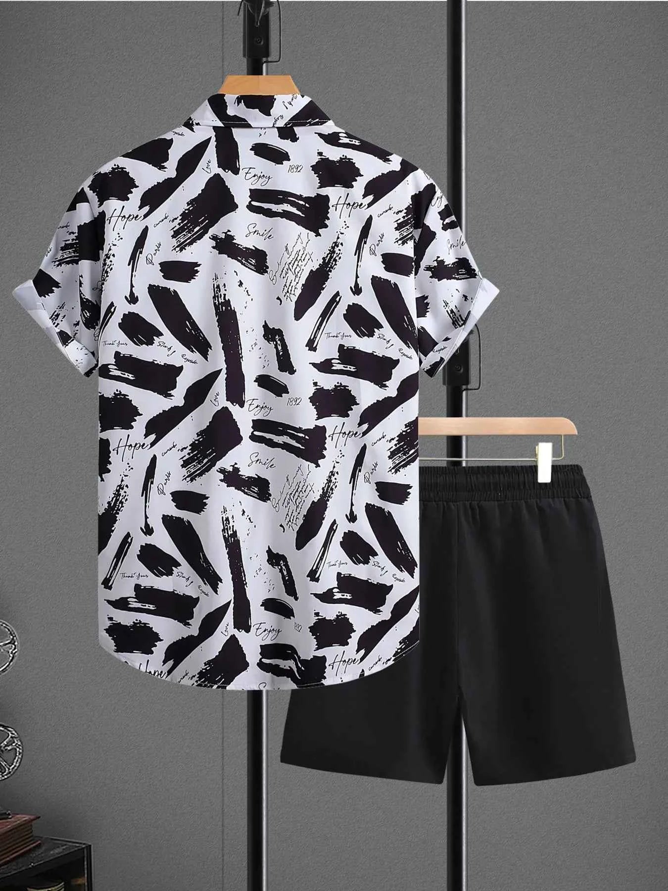 Men's Printed Button Up Shirt and Shorts Set