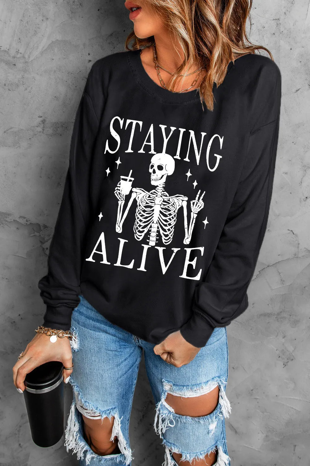 Skull Graphic Round Neck Long Sleeve Sweatshirt - Damned Threads
