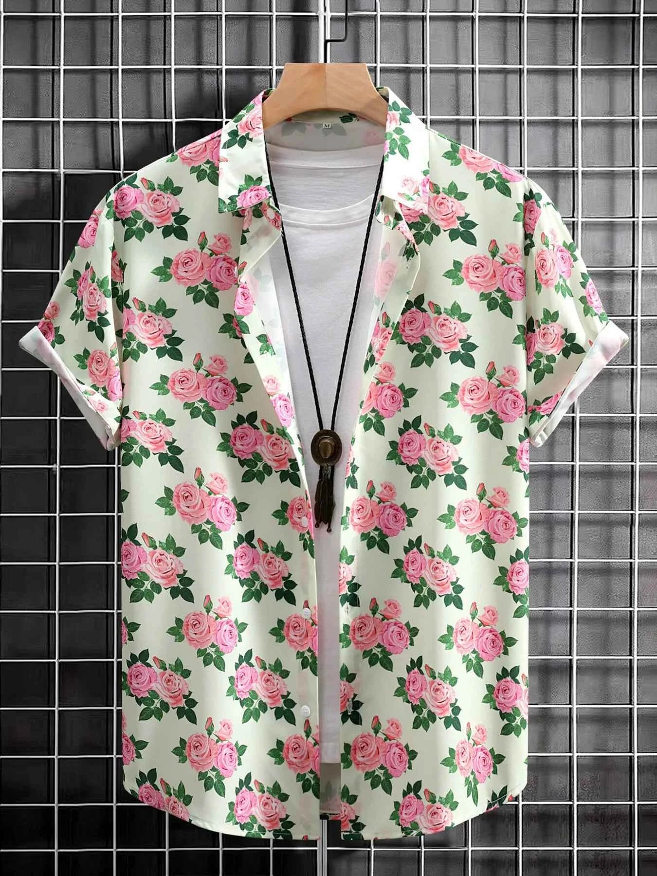 Men's Floral Print Button Up Short Sleeve Shirt