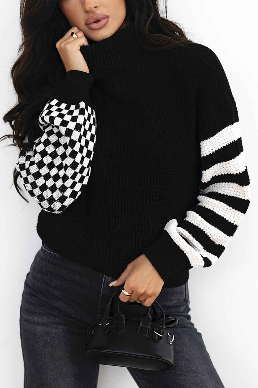 Striped & Checkered Turtleneck Dropped Shoulder Sweater - Damned Threads
