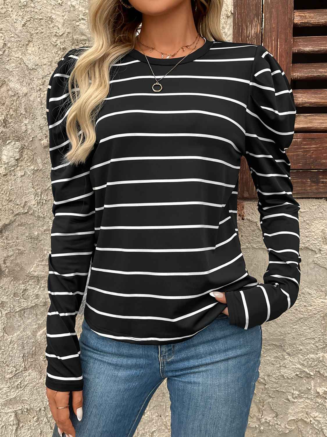 Full Size Striped Round Neck Puff Sleeve T-Shirt - Damned Threads