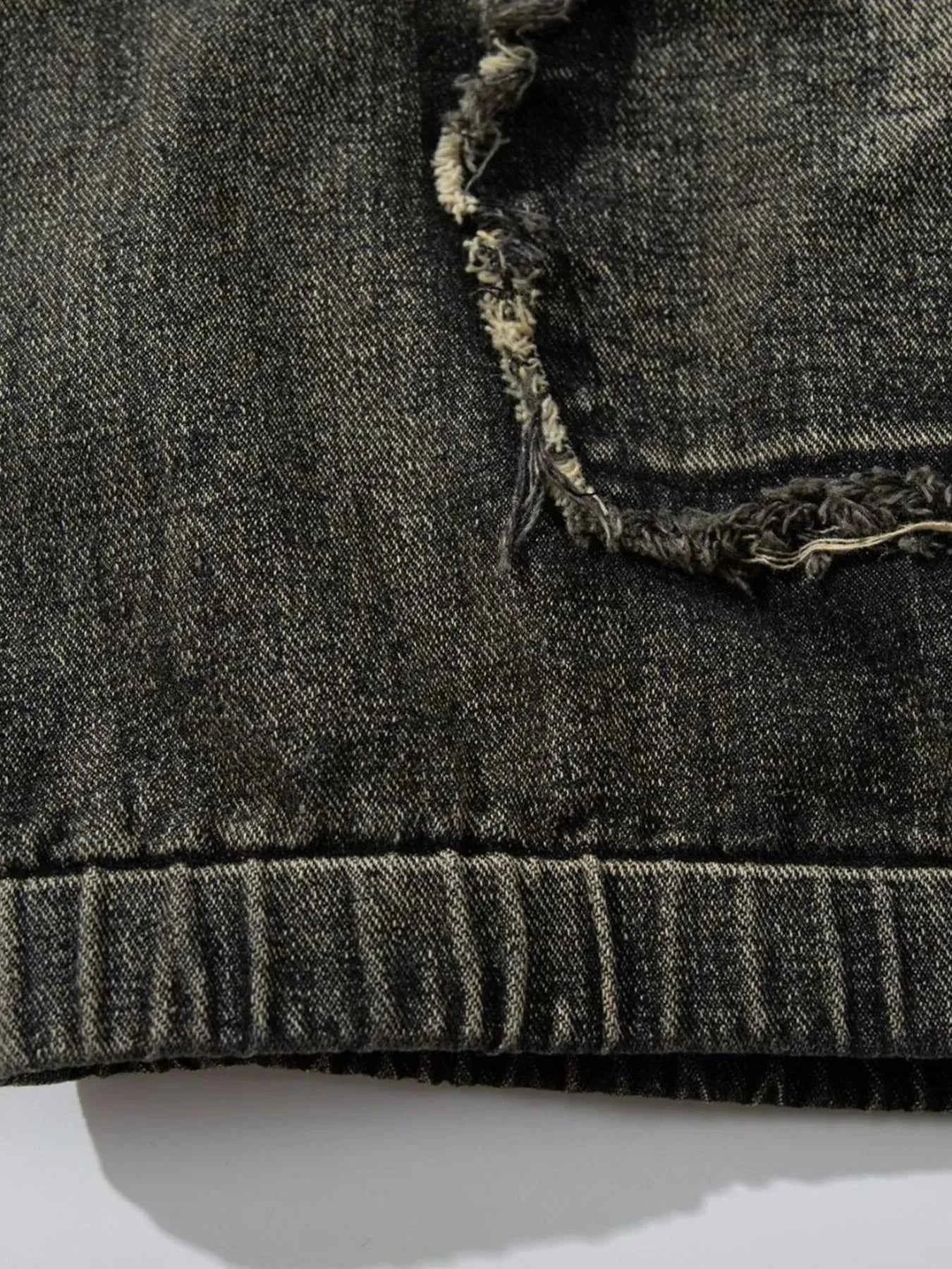 Men's Distressed Denim Patchwork Oversized Hoodie with Frayed Details