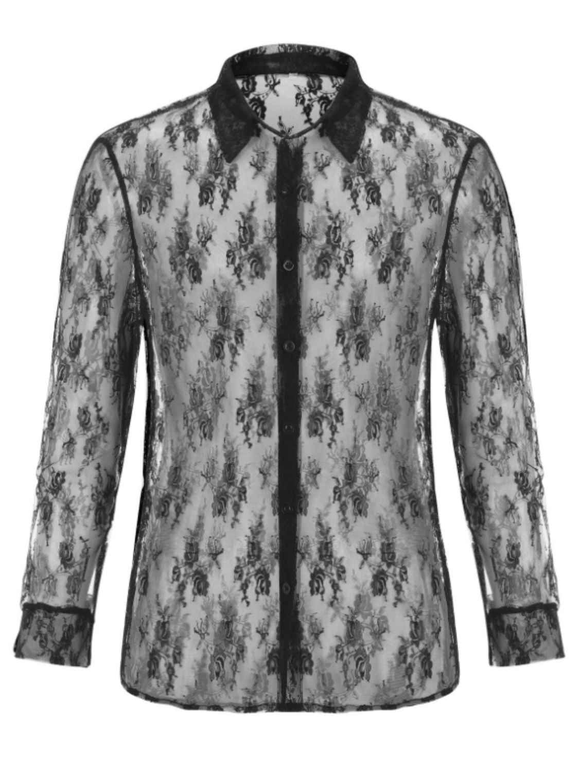 Men's Full Size Lace Long Sleeve Sheer Shirt Plus Size - Damned Threads