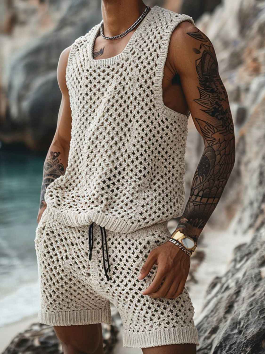 Men's Plus Size Hollow Out Round Neck Tank and Shorts Set - Damned Threads