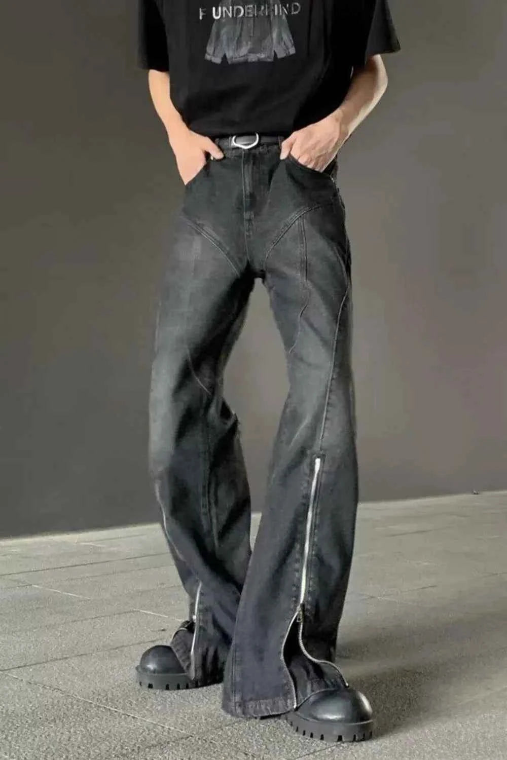 Men's Plus Size Washed Flare Jeans with Zipper Detail