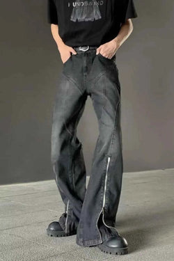 Men's Plus Size Washed Flare Jeans with Zipper Detail