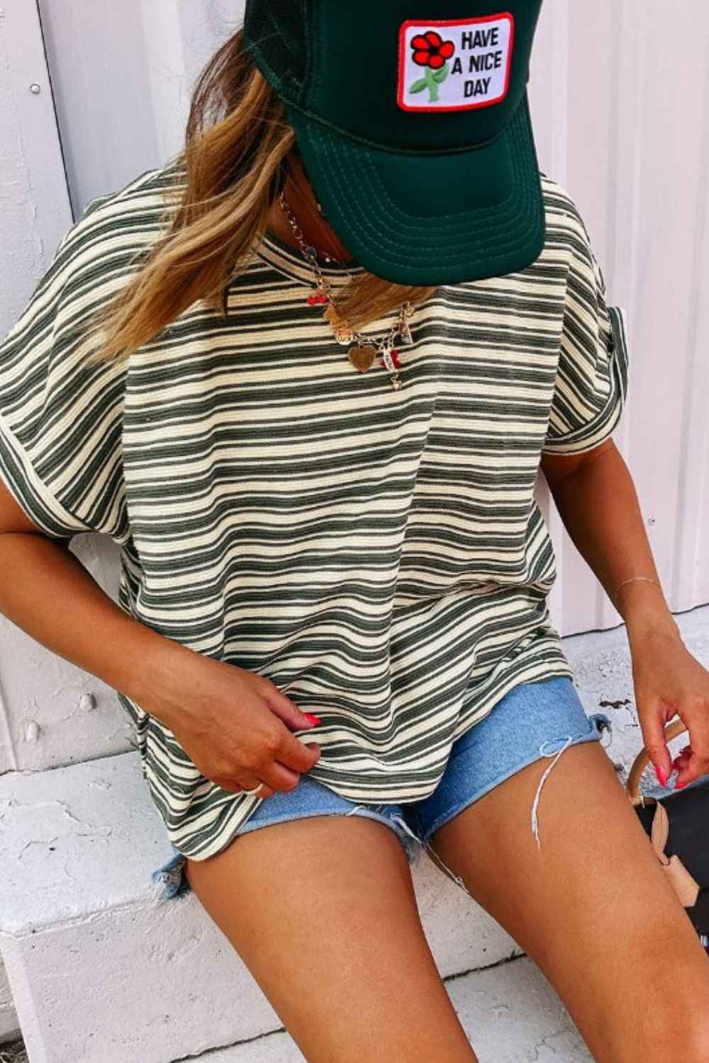 Stripe Textured Side Slit Crew Neck T-Shirt - Damned Threads