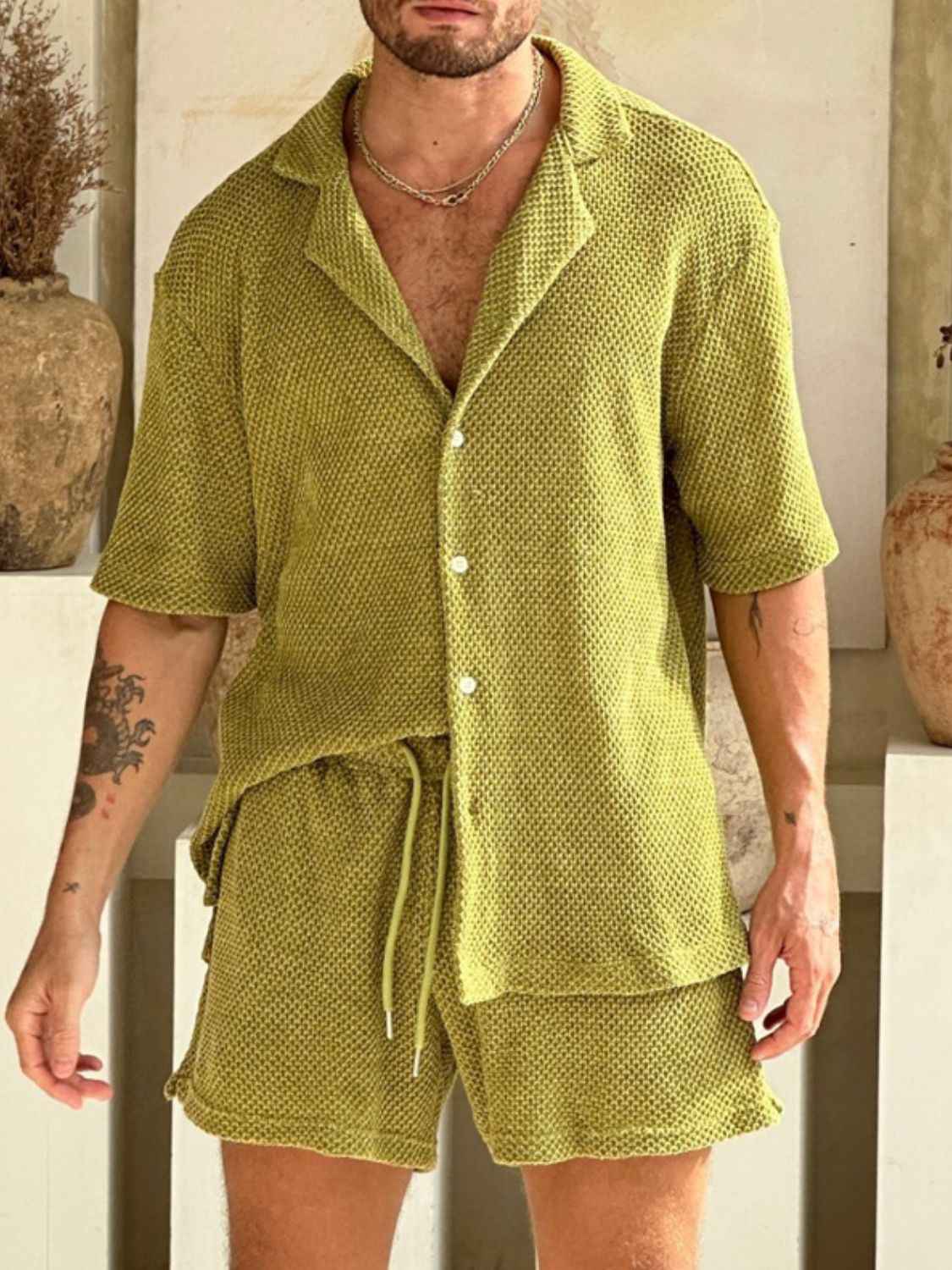 Men's Plus Size Button Down Half Sleeve Top and Shorts Set - Damned Threads