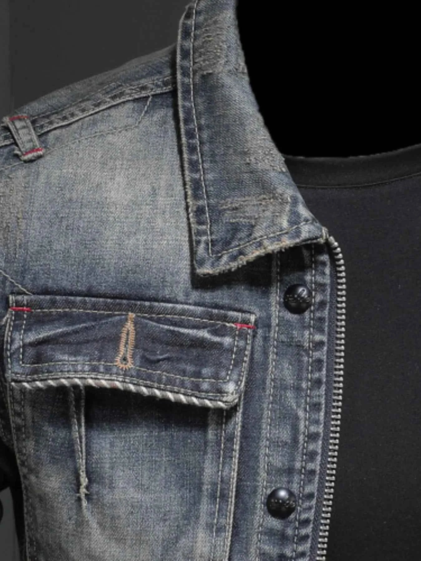 Men's Plus Size Washed Zip Up Denim Jacket with Chest Pockets