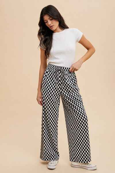 Annie Wear Drawstring Checkered Wide Leg Pants - Damned Threads