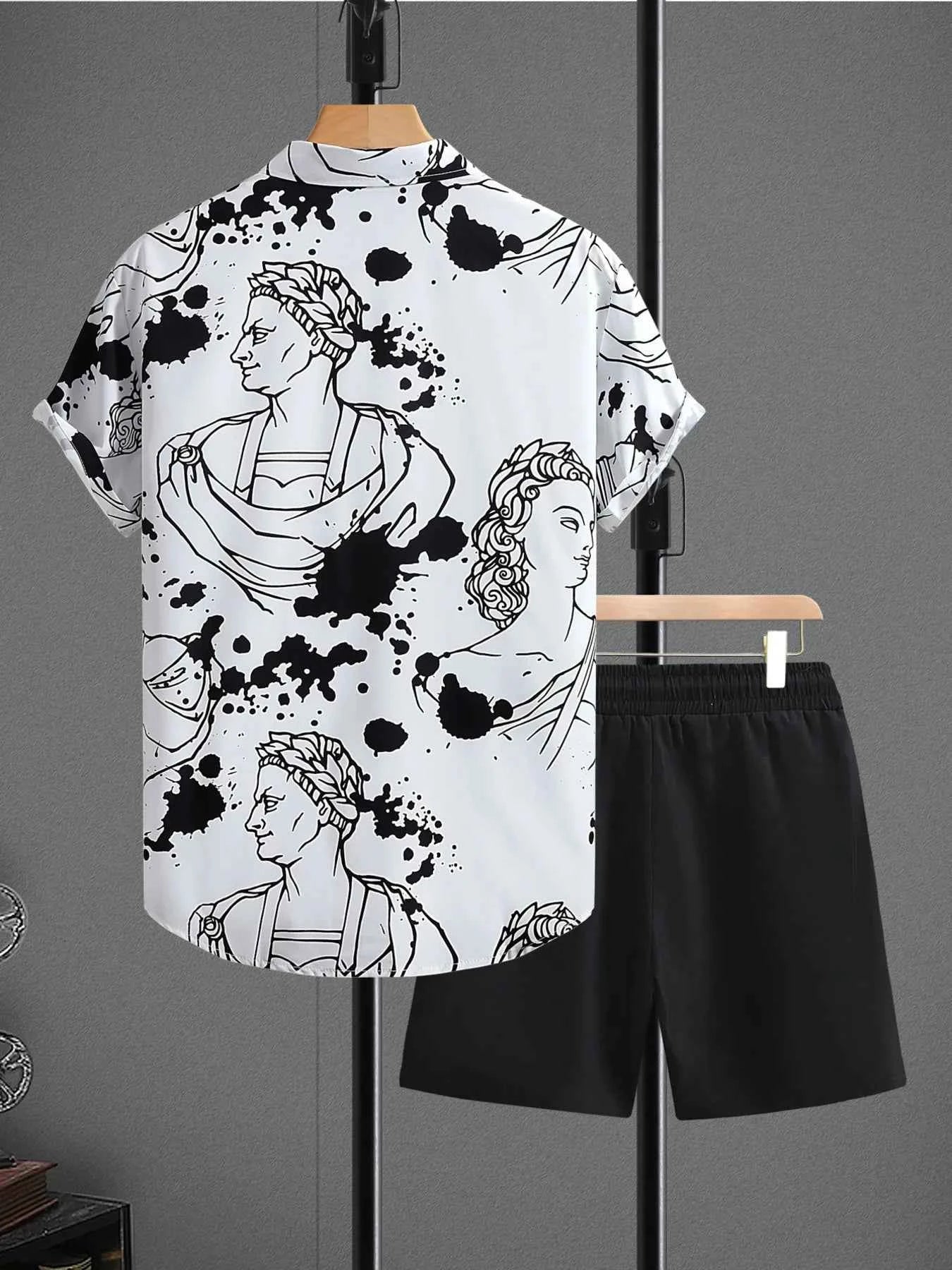 Men's Printed Button Up Shirt and Shorts Set