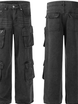 Men's Multi-Pocket Cargo Jeans with Zipper Details