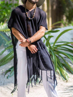 Men's Full Size Fringe V-Neck Half Sleeve Cover Up Plus Size - Damned Threads