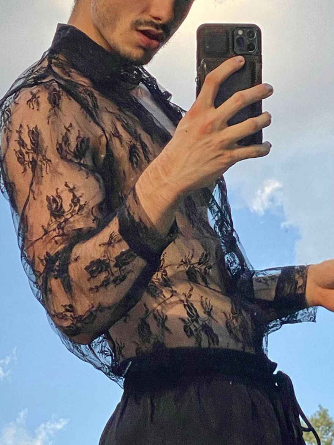 Men's Full Size Lace Long Sleeve Sheer Shirt Plus Size - Damned Threads