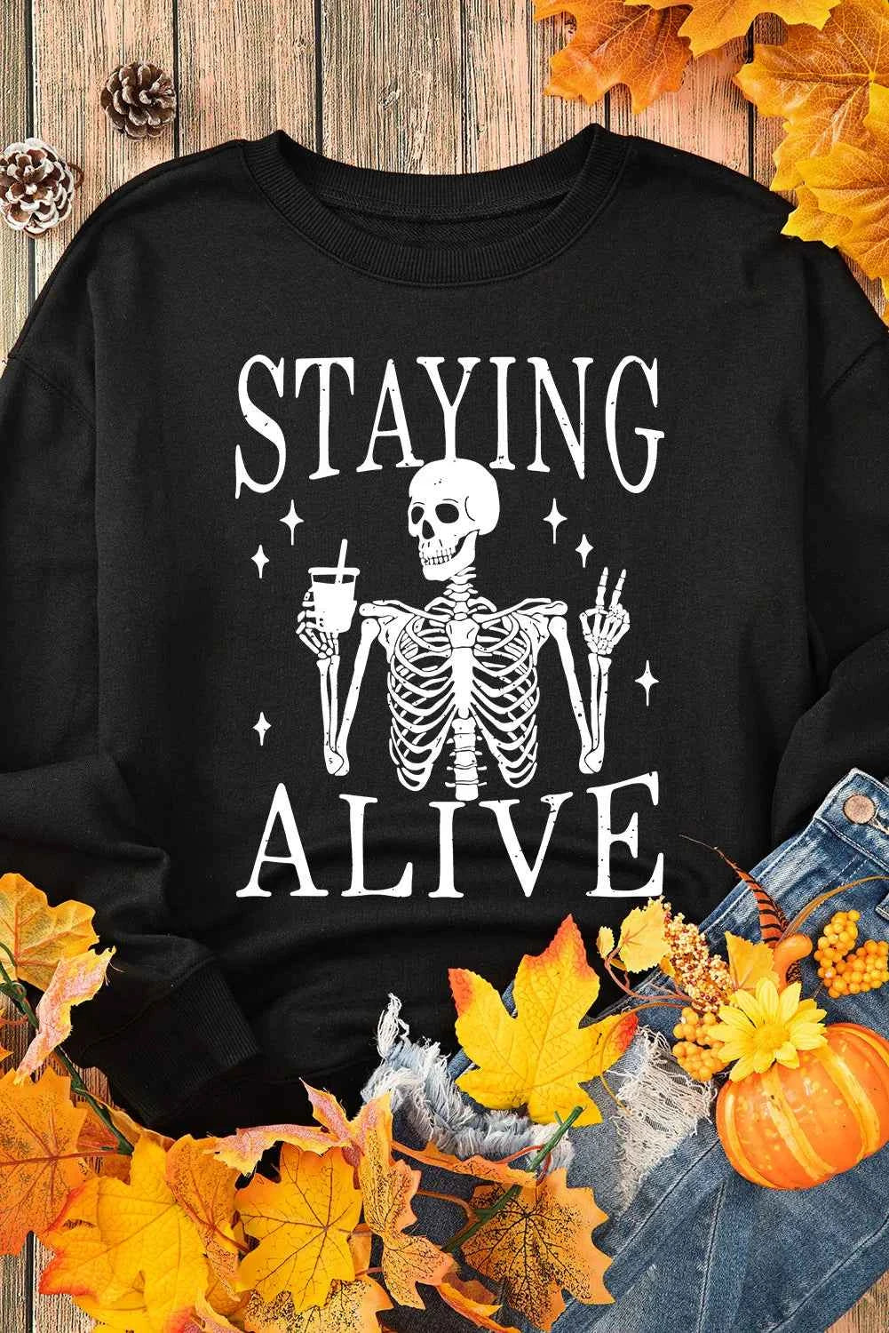 Skull Graphic Round Neck Long Sleeve Sweatshirt - Damned Threads