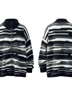 Men's Striped Fuzzy Zip-Up Cardigan