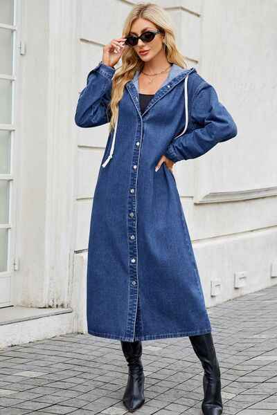 Button Up Long Sleeve Longline Hooded Denim Outerwear - Damned Threads