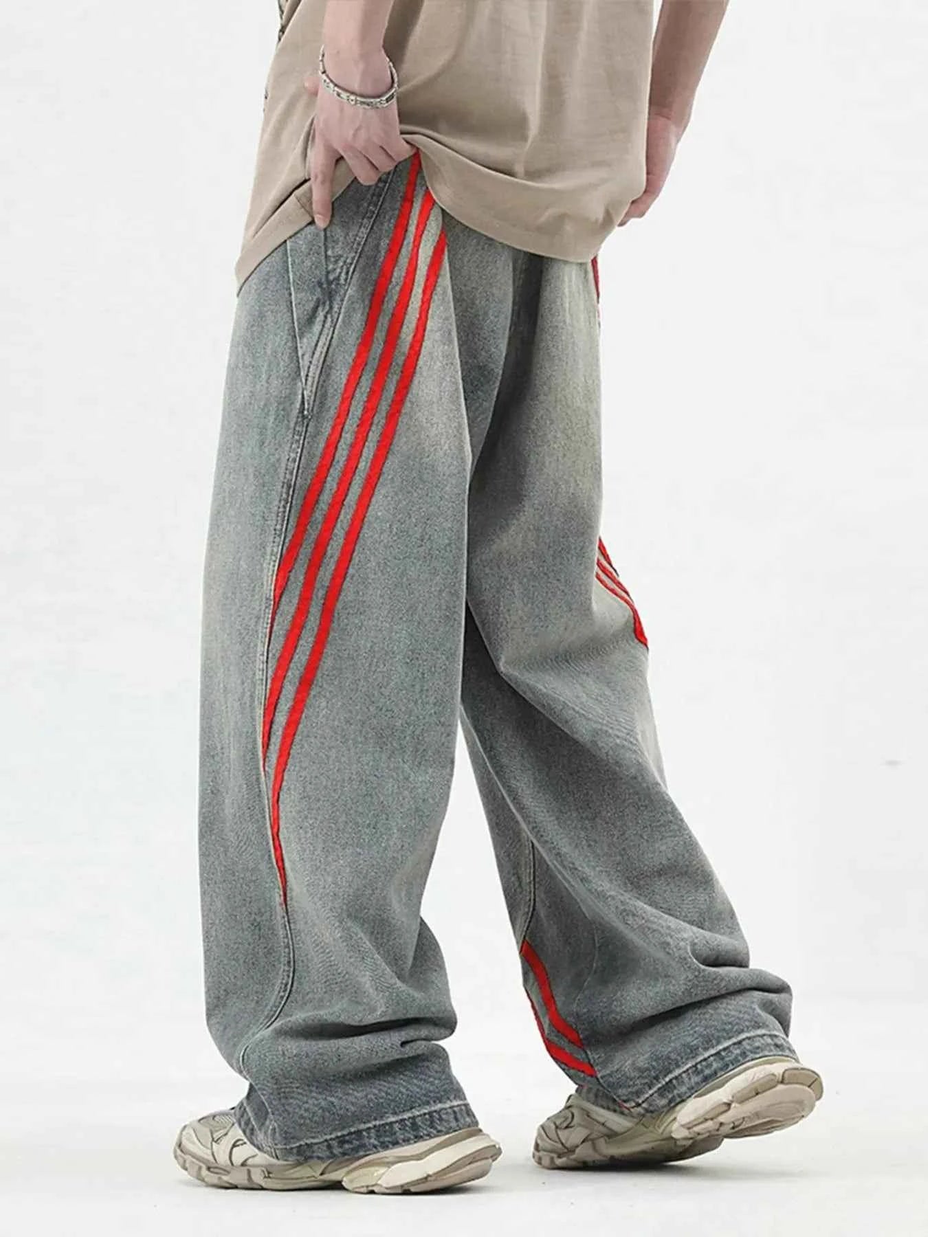 Men's Wide Leg Striped Denim Jeans