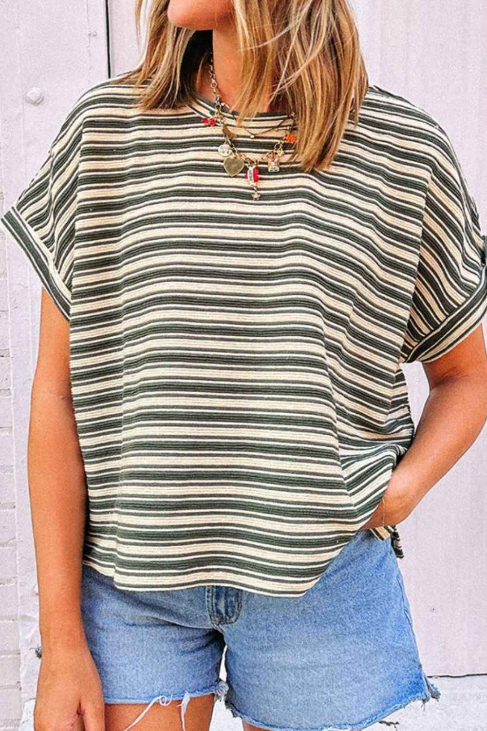 Stripe Textured Side Slit Crew Neck T-Shirt - Damned Threads