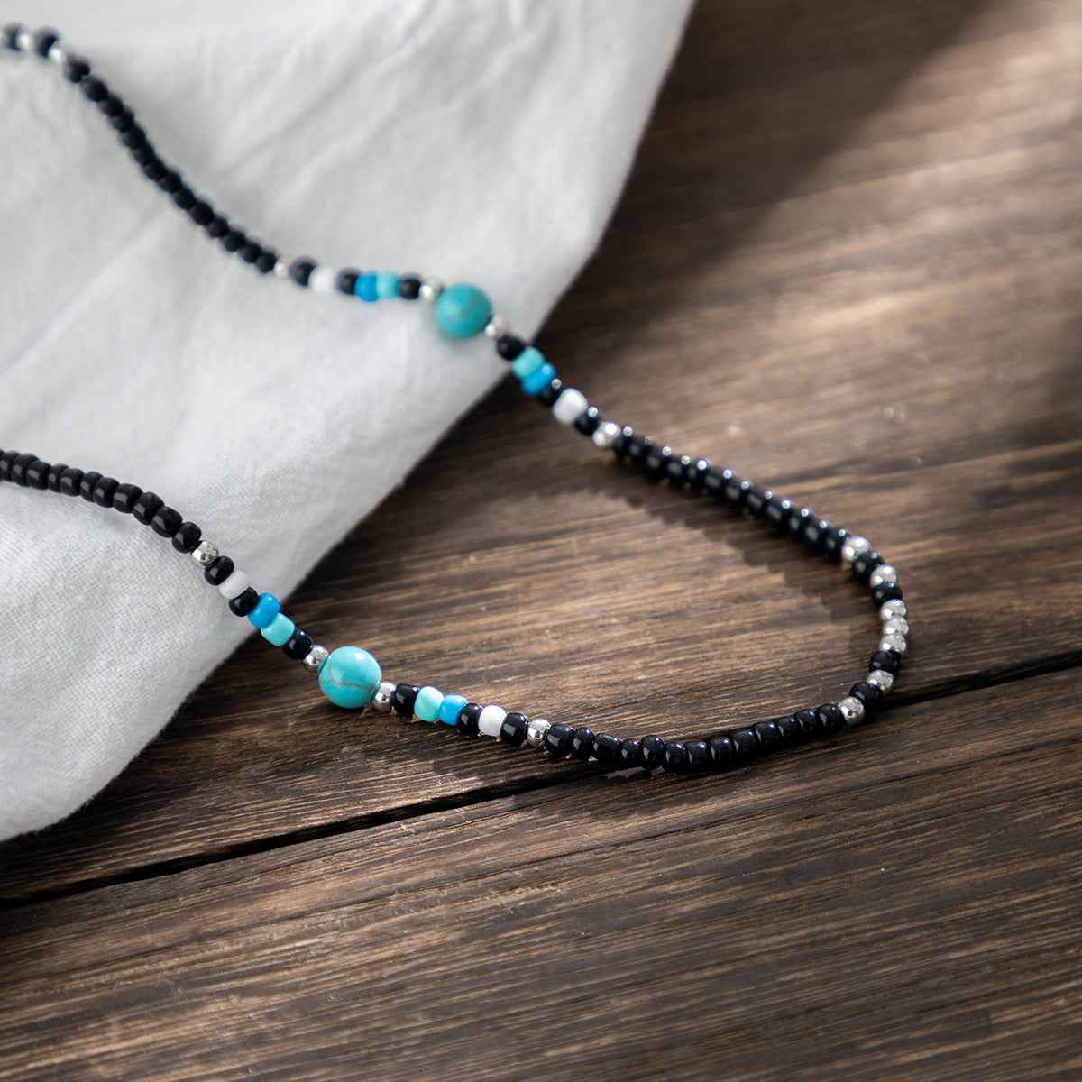 Turquoise & Black Bohemian Bead Design Necklace - Damned Threads
