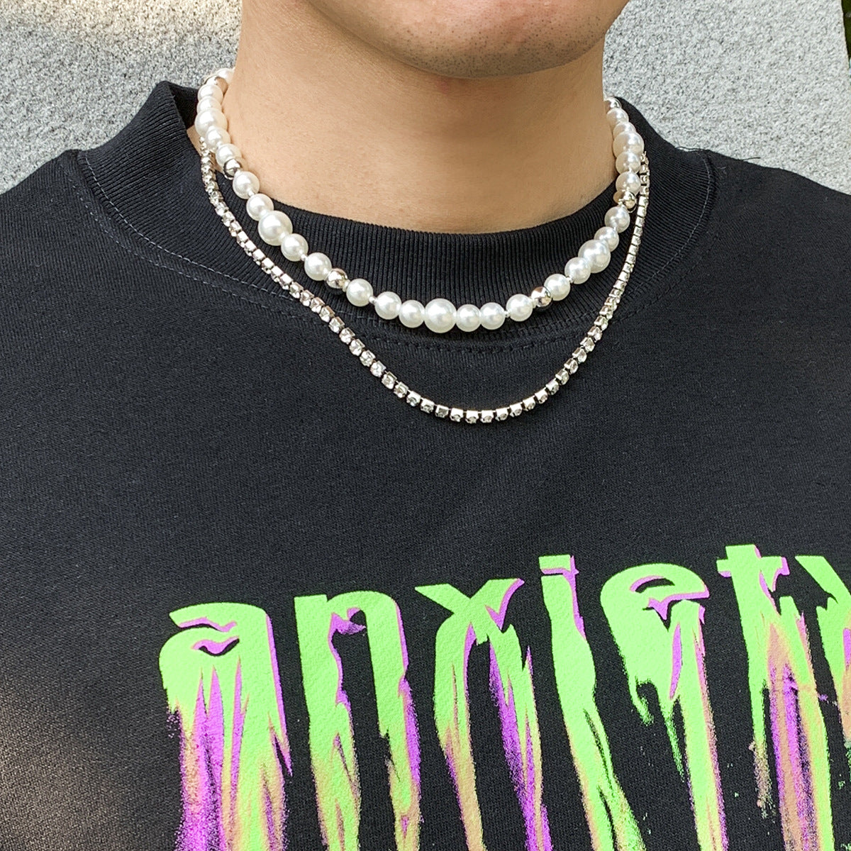 Double-Layered Pearl & Rhinestone Chain Necklace - Damned Threads