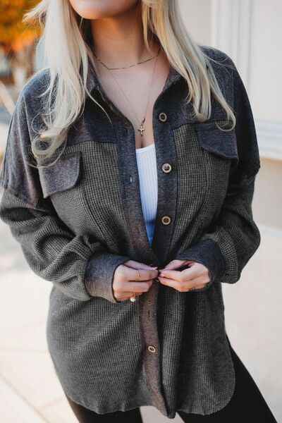 Waffle Knit Button Up Drop Shoulder Jacket - Damned Threads