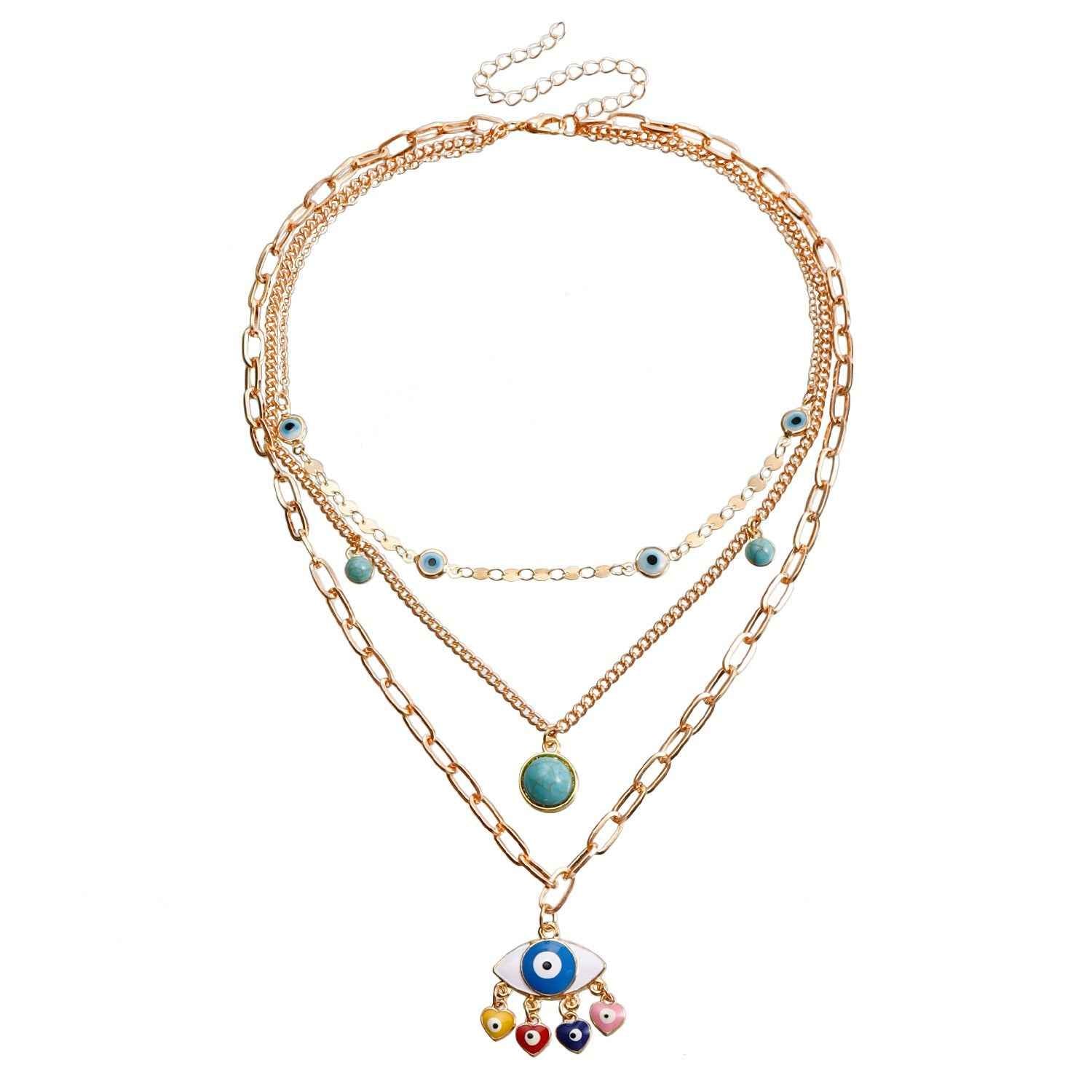 18K Gold Multi-Layer Chain With Devil's Eye AKA (Evil Eye) - Wards Off Evil - Damned Threads