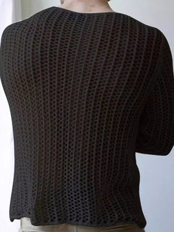 Men's Full Size Hollow Out Round Neck Long Sleeve Top Plus Size - Damned Threads