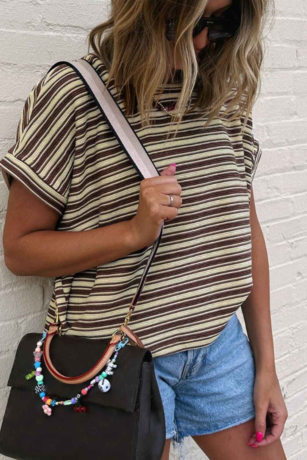 Stripe Textured Side Slit Crew Neck T-Shirt - Damned Threads