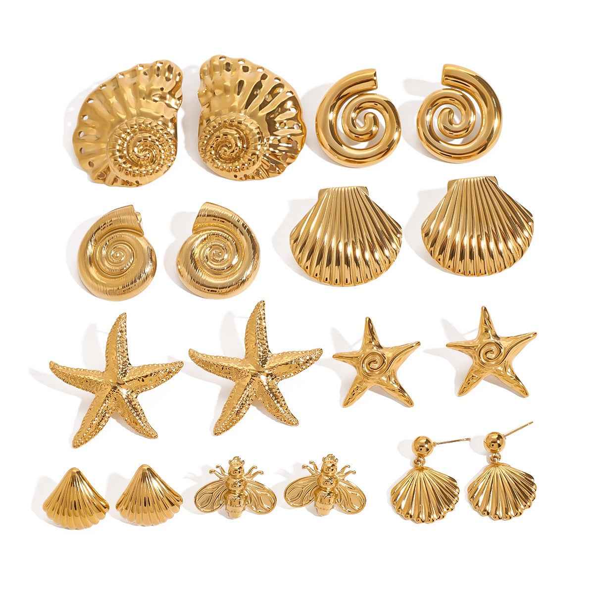 18K Gold-Plated Starfish/Shell/Conch/Bee-Shaped Earrings - Damned Threads