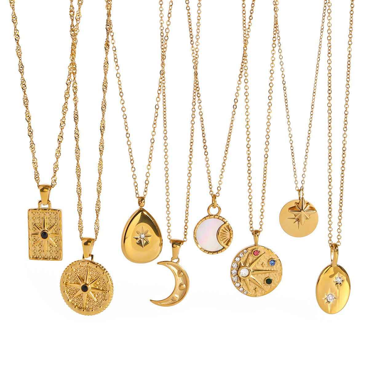 18K Gold Moon And Star Inlaid Gemstone Necklace - Damned Threads