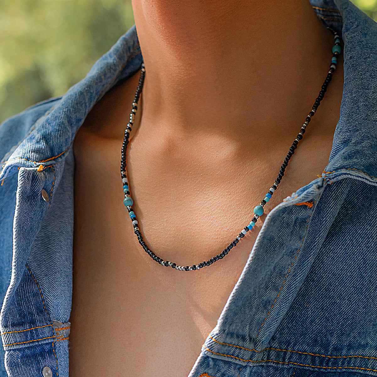 Turquoise & Black Bohemian Bead Design Necklace - Damned Threads