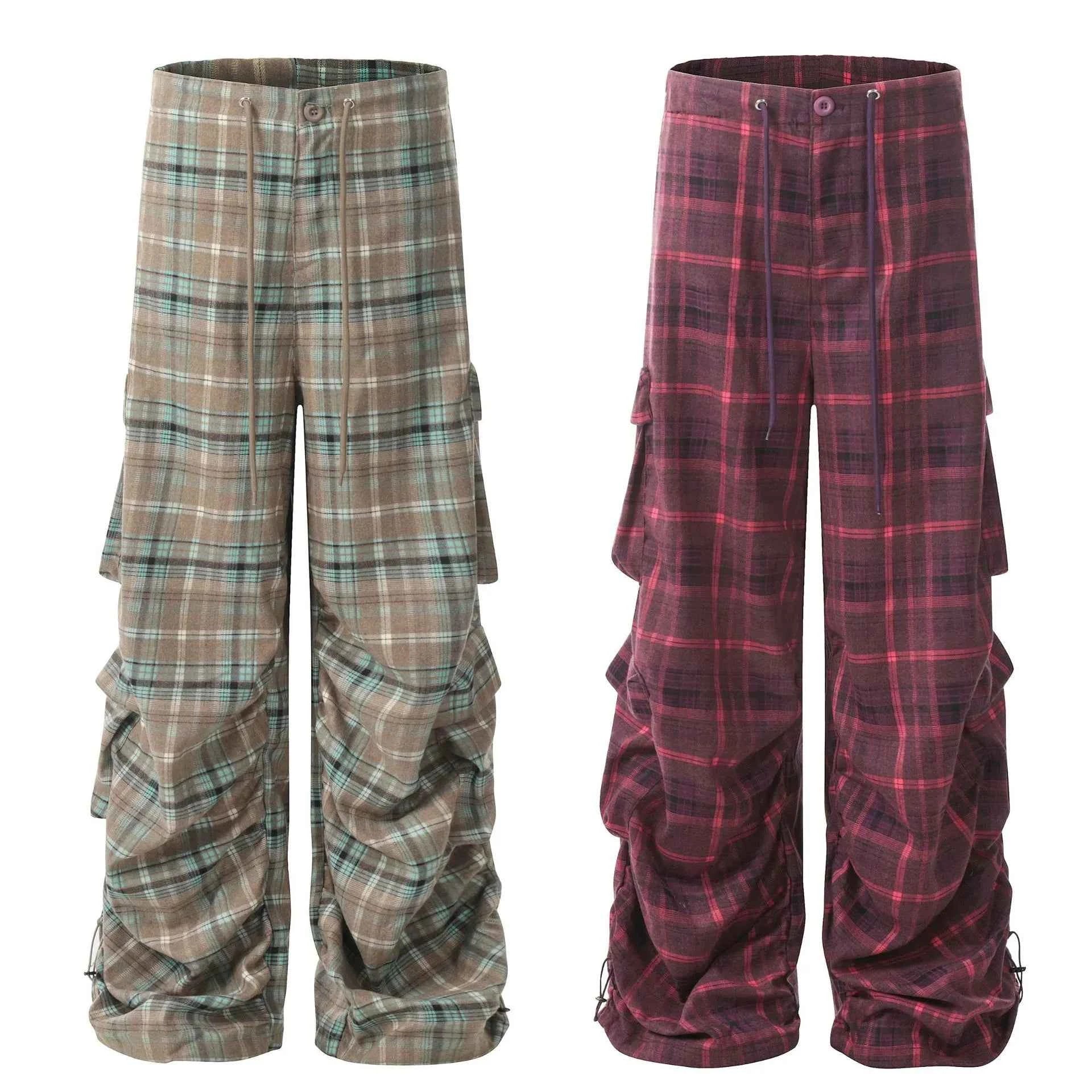 Men's Plaid Ruched Wide Leg Pants