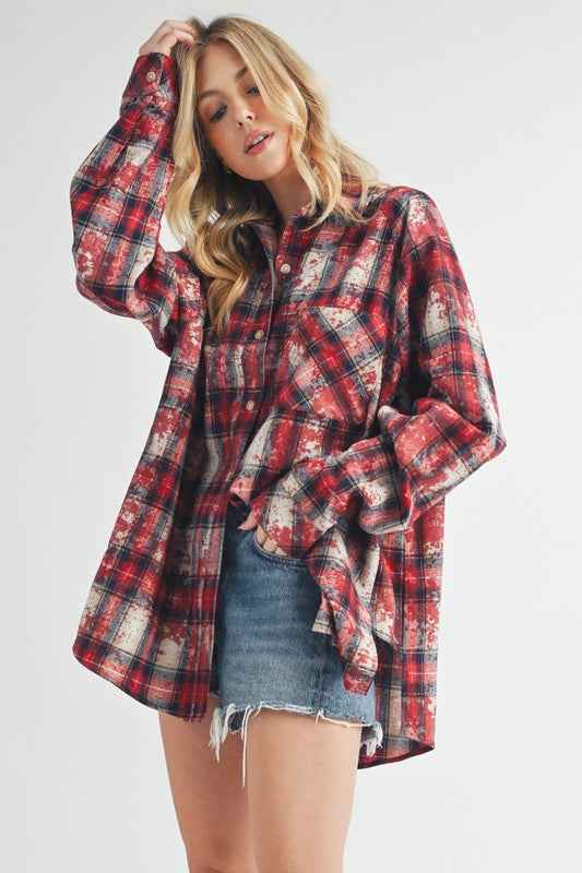 Aemi + Co Washed Plaid Button Up Raglan Sleeve Flannel Shirt - Damned Threads