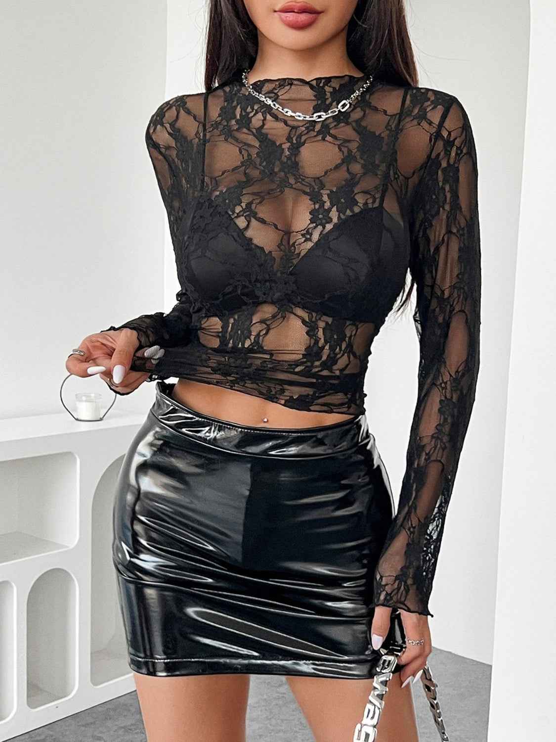 Mock Neck Long Sleeve Sheer Lace Top - Damned Threads