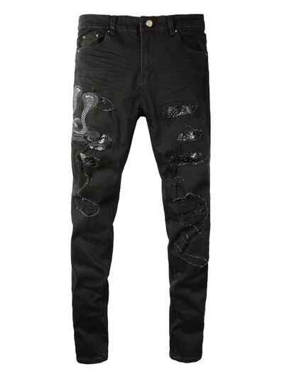 Men's Washed Snake Embroidered Slim Jeans - Damned Threads