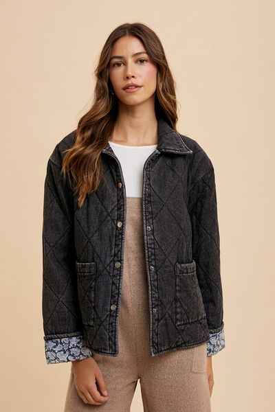 Annie Wear Quilted Printed Lining Snap Down Denim Jacket - Damned Threads