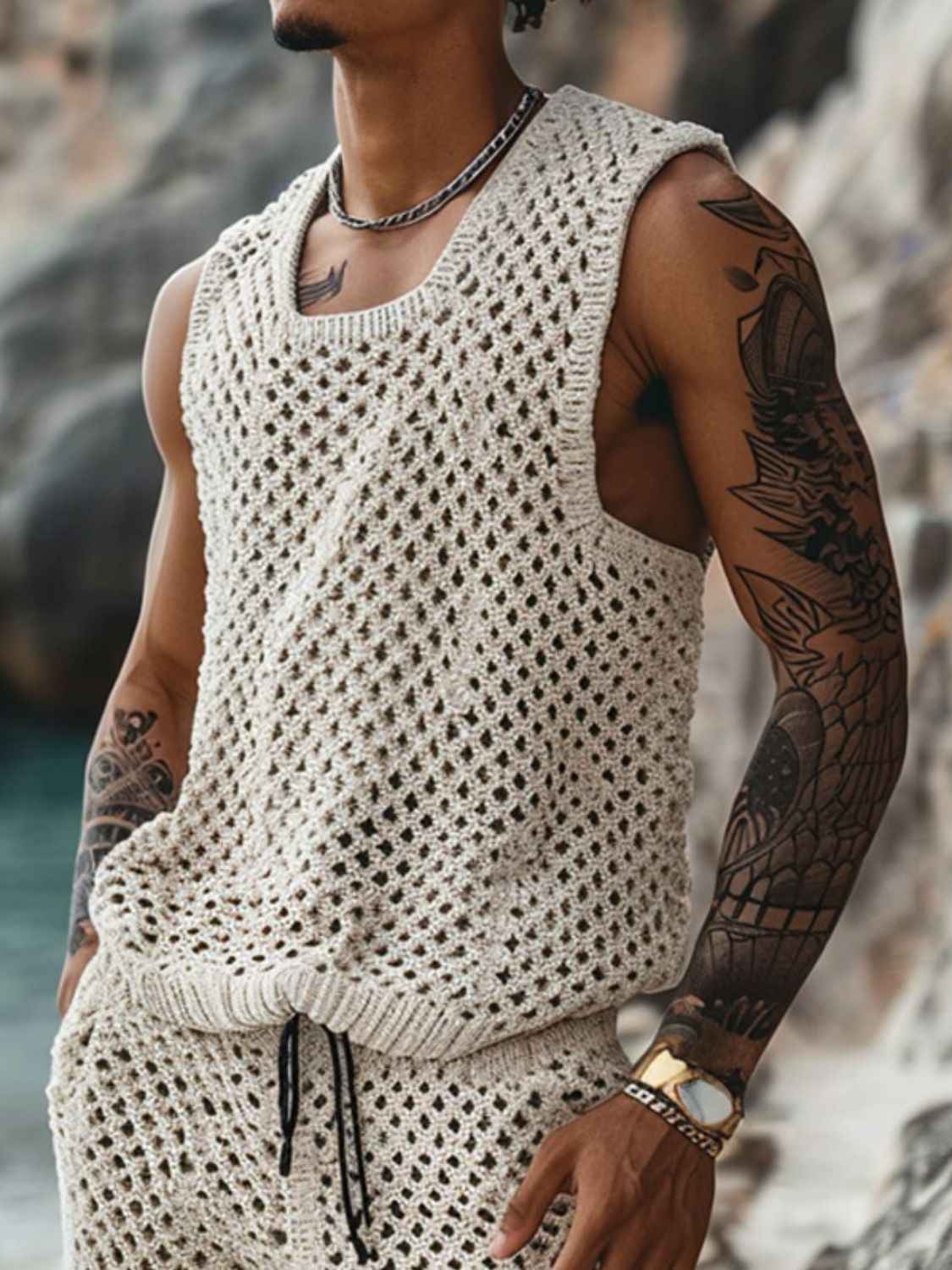 Men's Plus Size Hollow Out Round Neck Tank and Shorts Set - Damned Threads