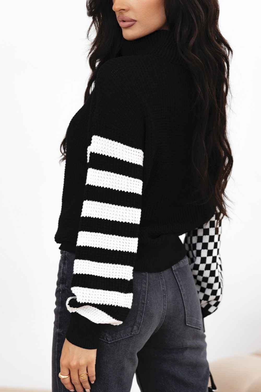 Striped & Checkered Turtleneck Dropped Shoulder Sweater - Damned Threads