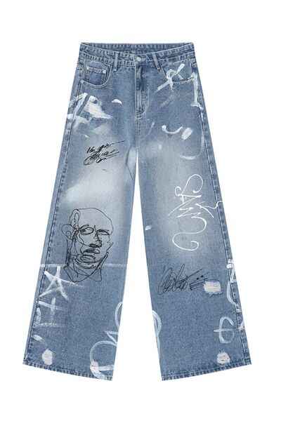 Mid Rise Graffiti Print Distressed Wide Leg Jeans - Damned Threads